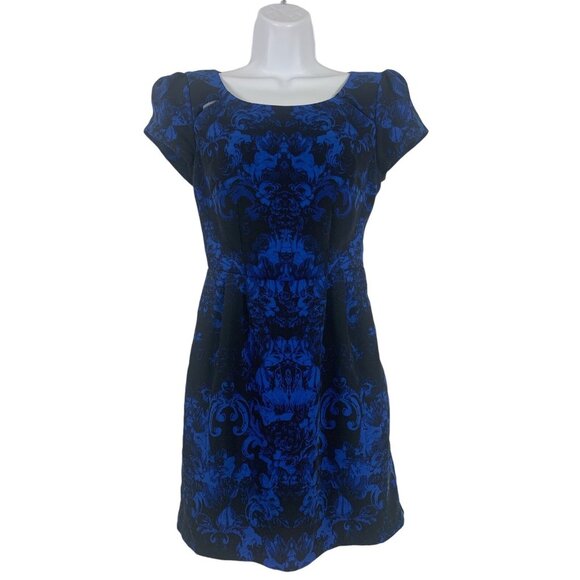 silence + noise Dresses & Skirts - Silence + Noise Blue & Black Damask Pattern Cap Sleeve Dress Side Zipper Size 2
